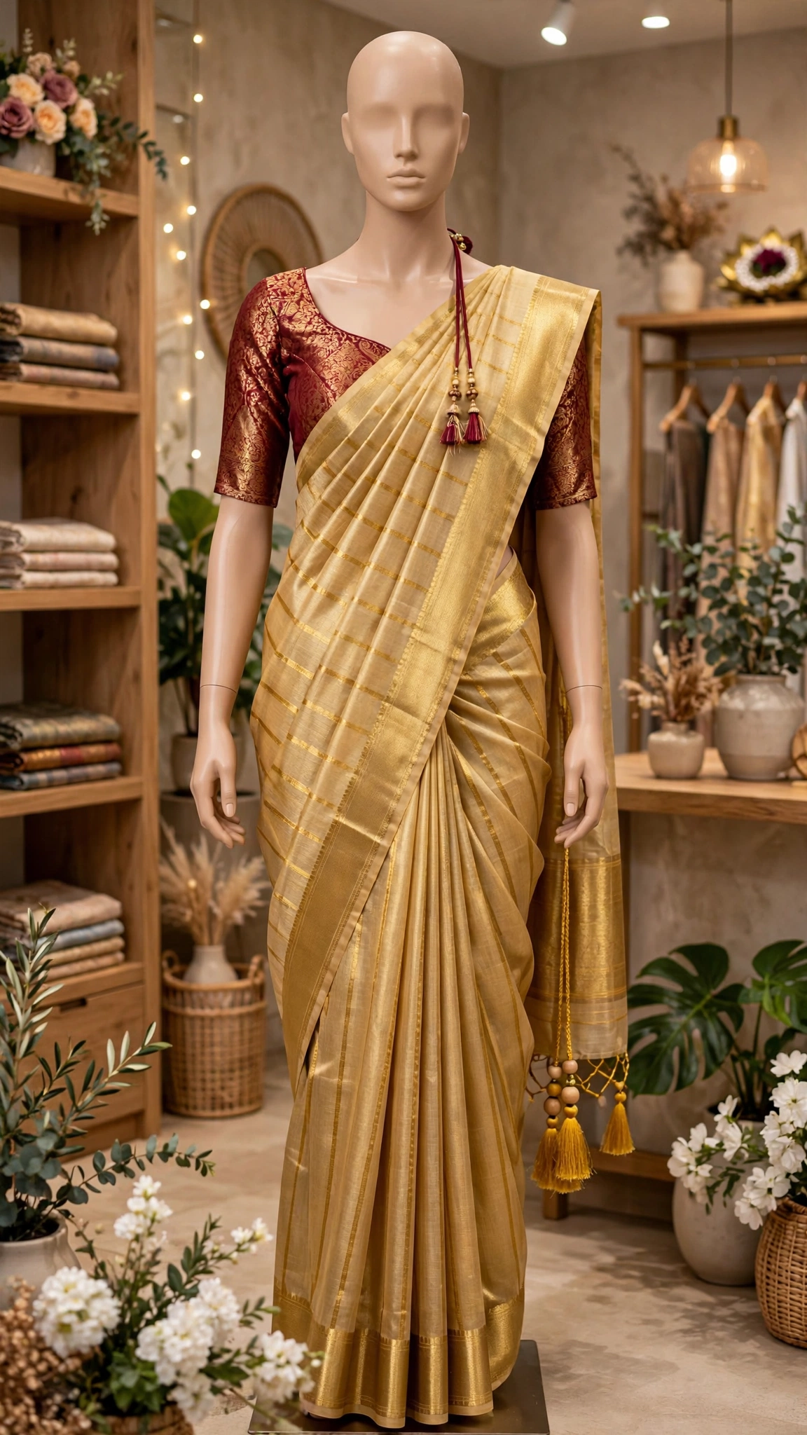 Gilded Grace Silk Saree with Maroon Brocade Blouse – A Traditional Masterpiece - Image 2