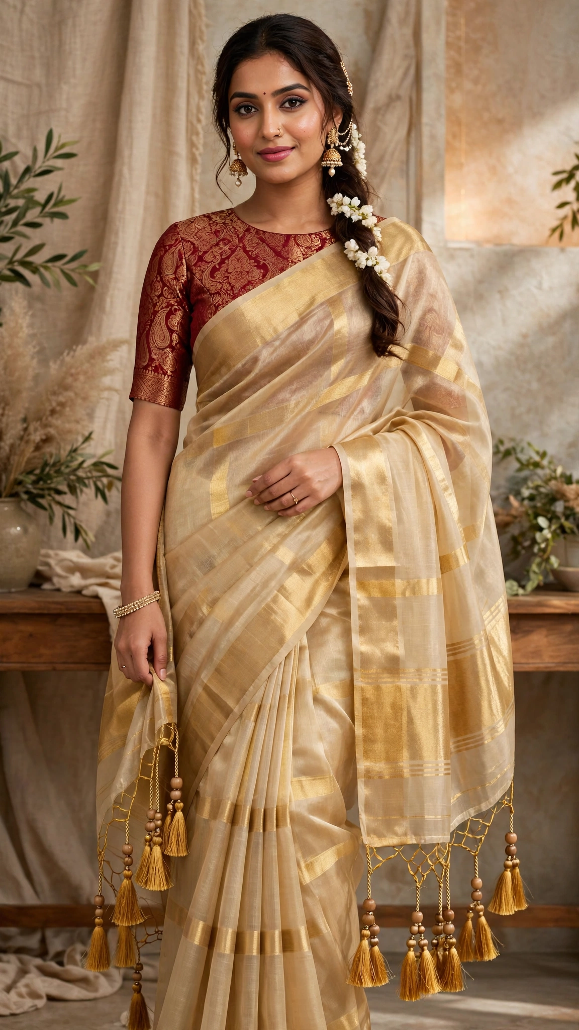 Gilded Grace Silk Saree with Maroon Brocade Blouse – A Traditional Masterpiece - Image 3
