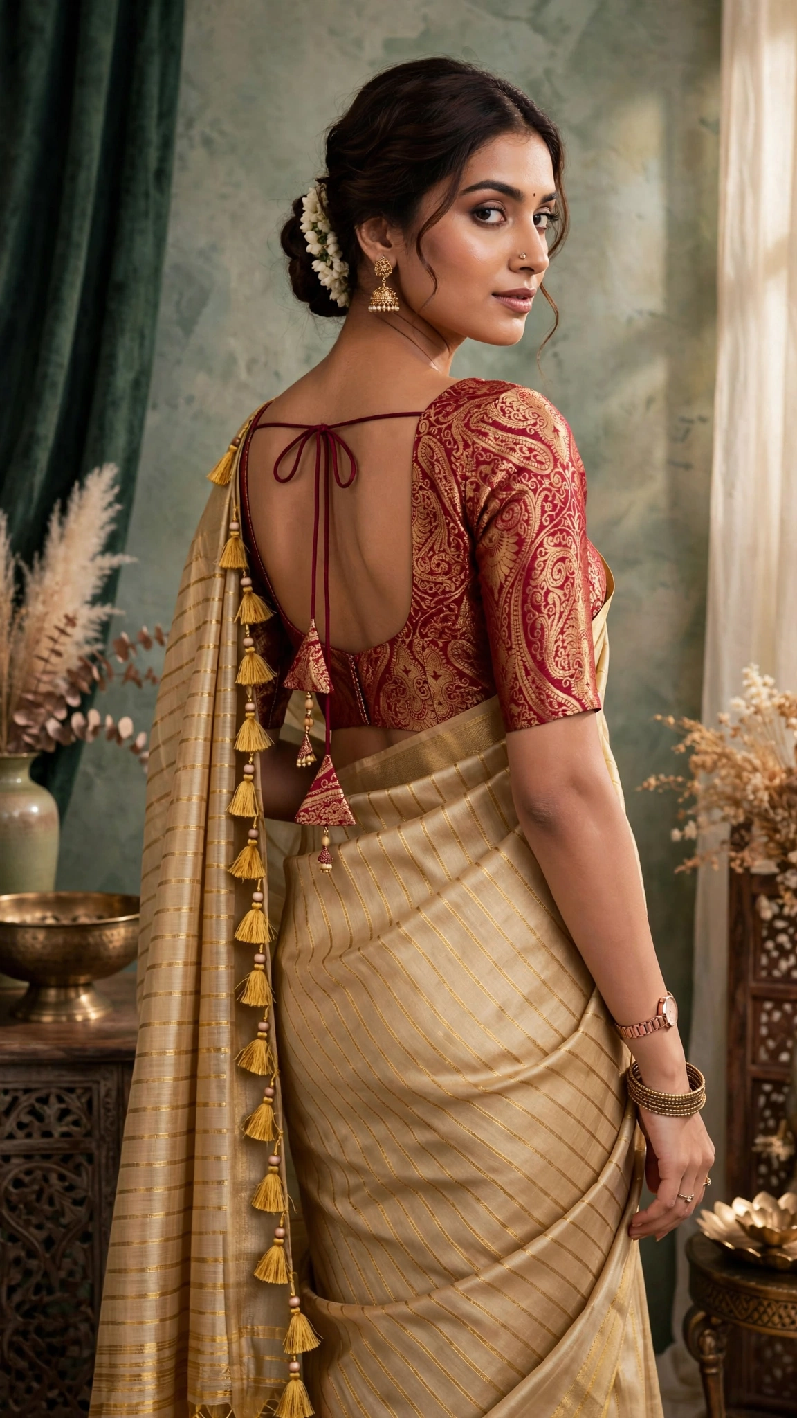 Gilded Grace Silk Saree with Maroon Brocade Blouse – A Traditional Masterpiece - Image 4
