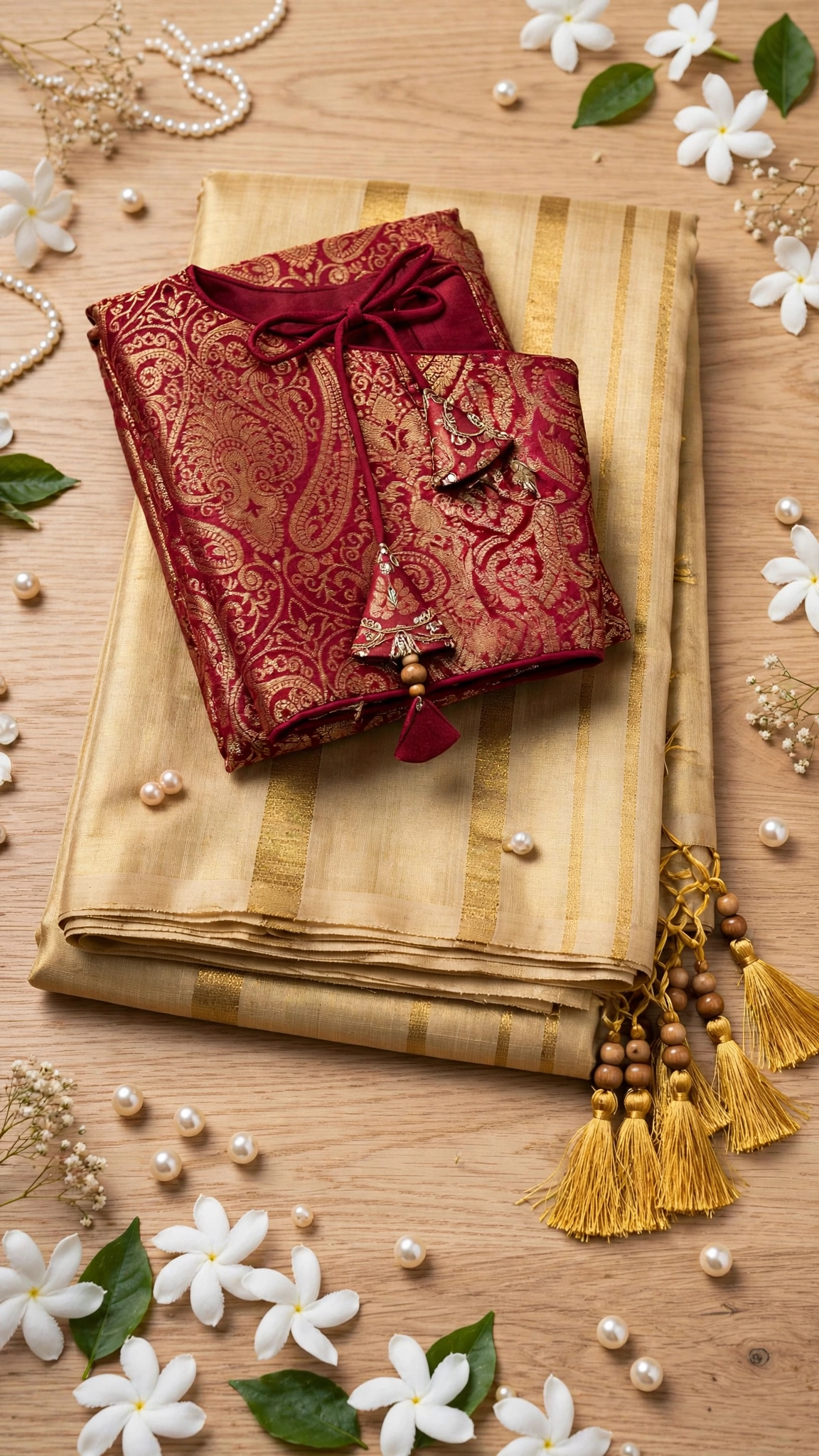 Gilded Grace Silk Saree with Maroon Brocade Blouse – A Traditional Masterpiece - Image 5