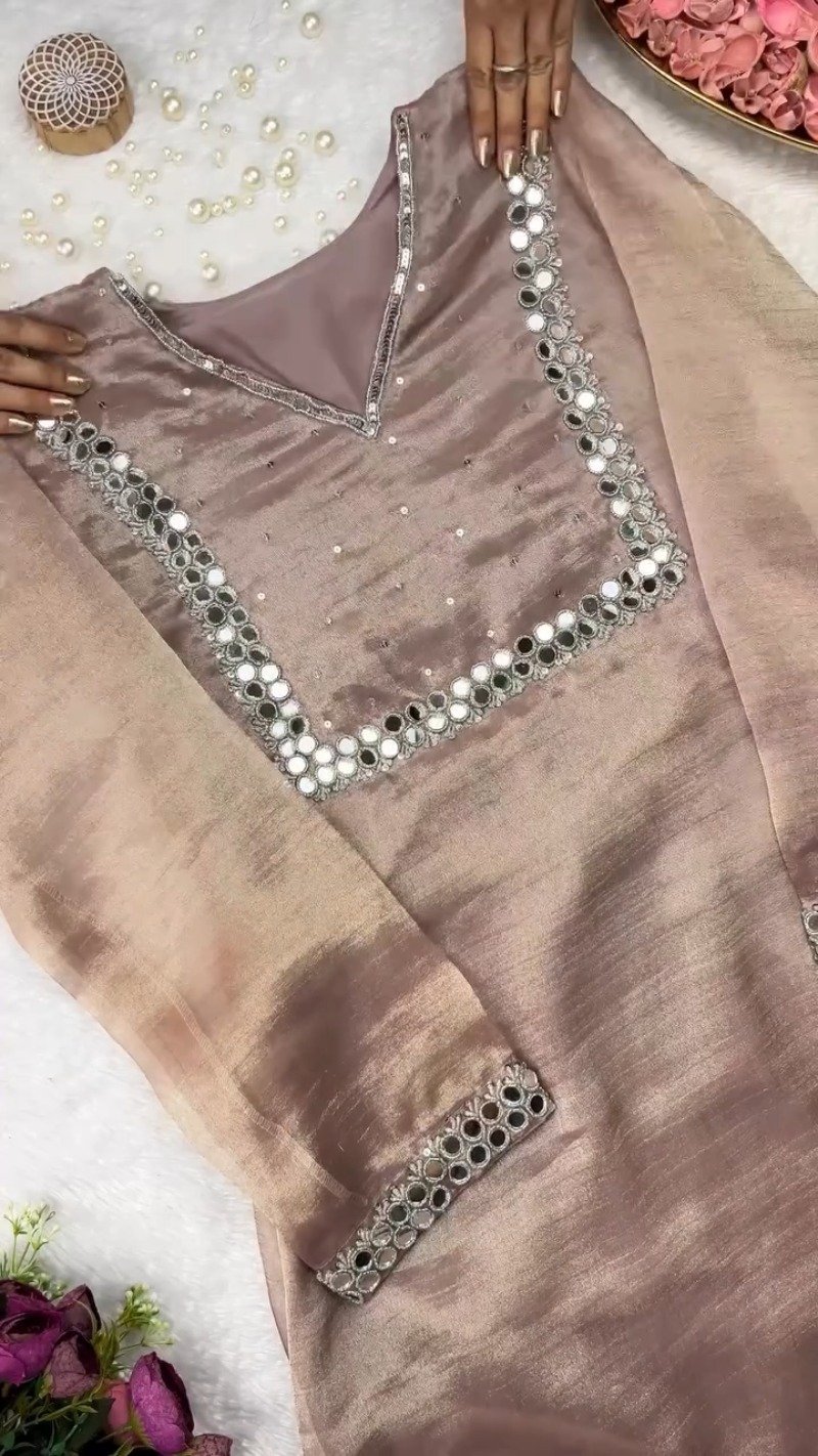 Rosewood Shimmer Mirror-Work Kurta Set - Image 2